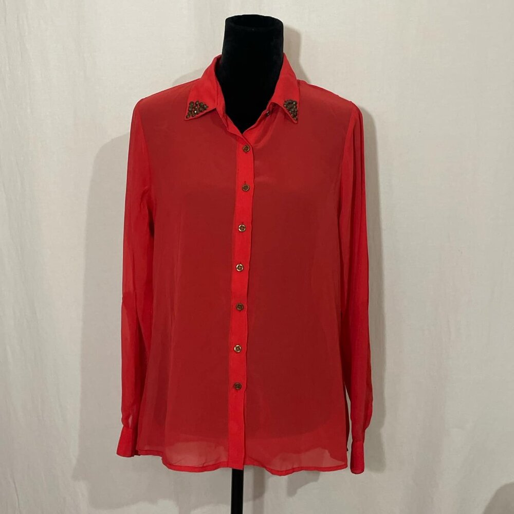 Sheer Button Up Blouse With Studded Accents